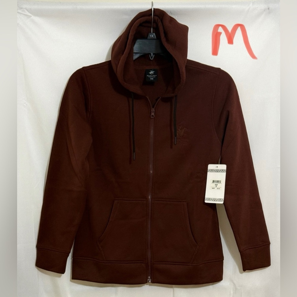 Red zip-up hoodie with high collar and long sleeves